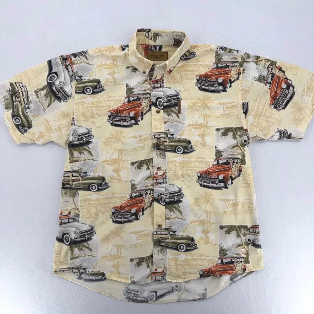 Clearwater Outfitters Men's Classic Cars Woody Wagon Tropical Hawaiian Shirt L